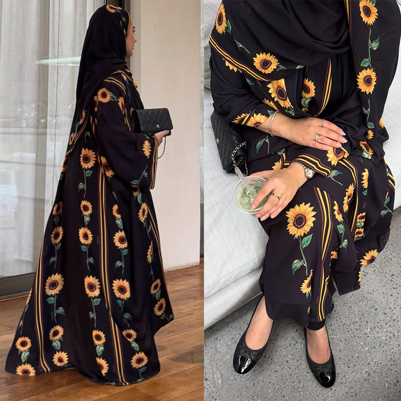 Street Fashion Dubai - ชุดเดรสยาวแบบคาร์ดิแกนสไตล์มุสลิมสำหรับเดือนรอมฎอน ดูไบ พร้อมผ้าคลุมศีรษะลายพิมพ์ แฟชั่นสตรีท ชุดเซ็ตสองชิ้น