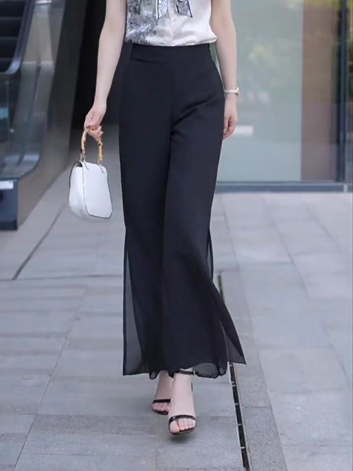 Fashion Street Yoga - High Slit สีดําหลวมกางเกงโยคะ Elegant และแฟชั่นผู้หญิง Street