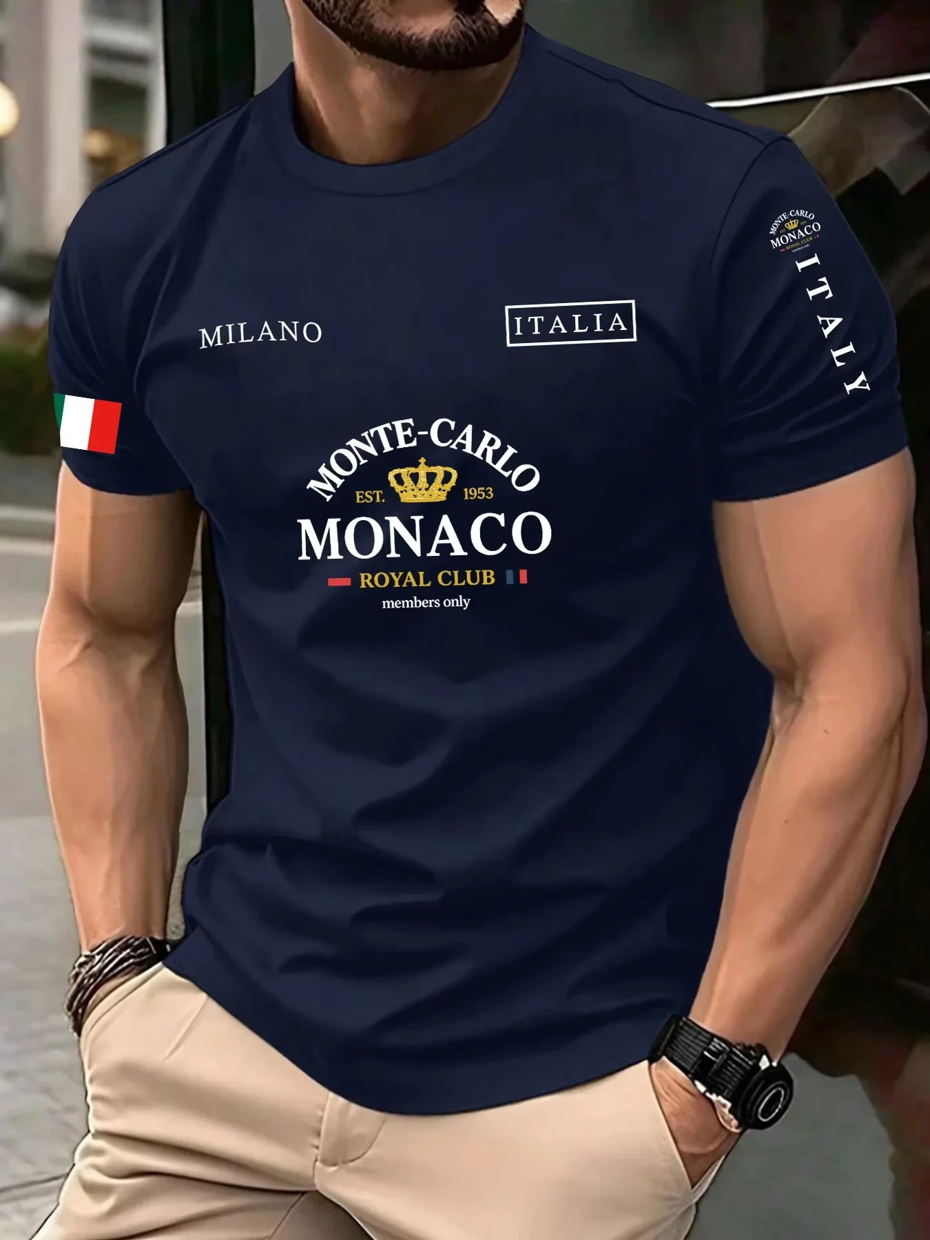 Street Fashion Monaco - เสื้อยืดลำลองผู้ชายลายพิมพ์ 3 มิติ รุ่นใหม่ปี 2026 ลายตัวอักษรมอญโกนา