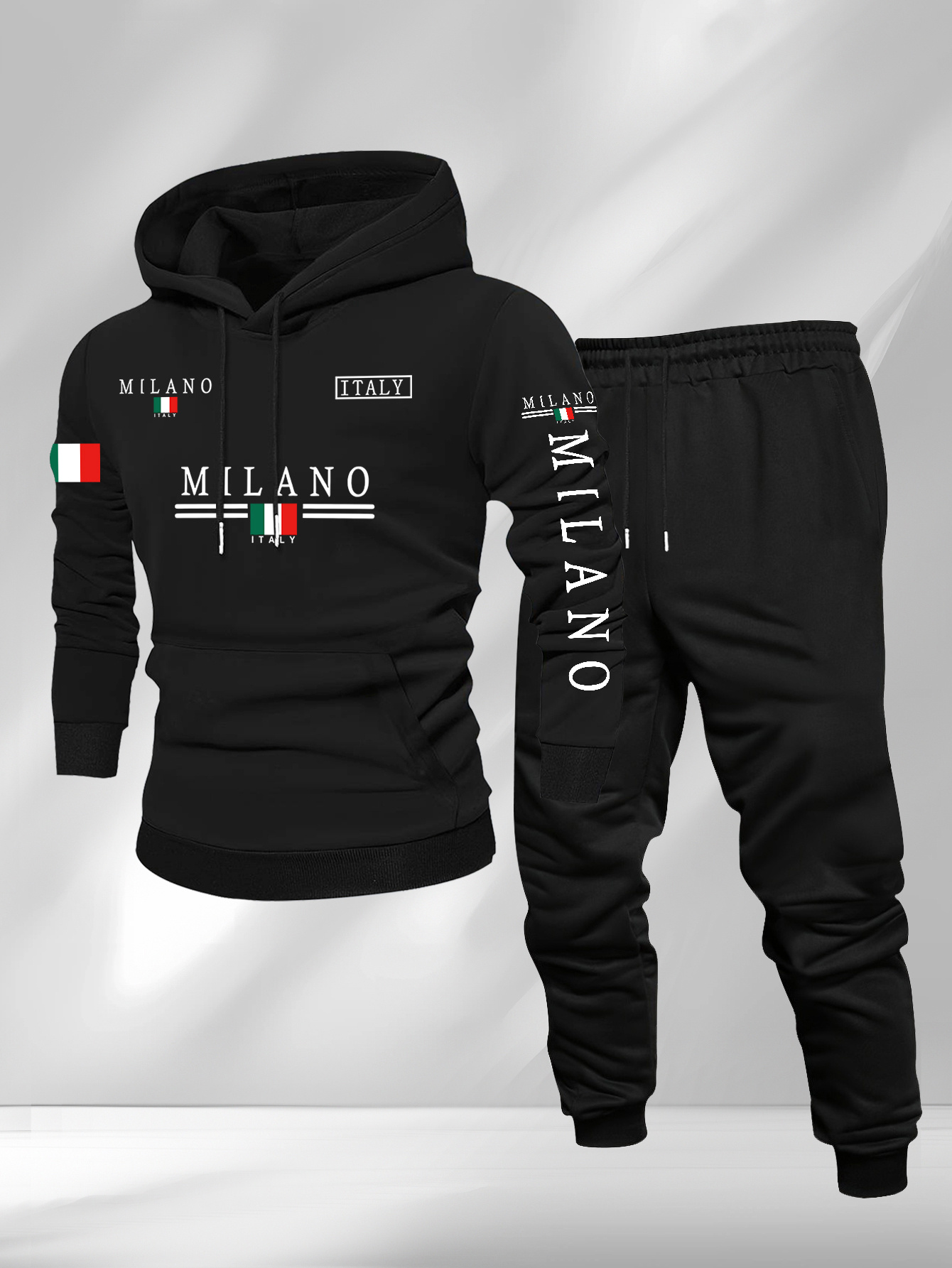 Street Fashion Milano - ชุดแฟชั่นผู้ชายลายธงชาติอิตาลี 2 ชิ้น เสื้อฮู้ดพร้อมกางเกงจ็อกเกอร์แบบมีเชือกผูก ชุดลำลองสไตล์สตรีทสำหรับผู้ชาย