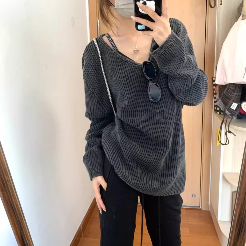 Vคอล้างสีทึบสบายๆเสื้อแขนยาวผู - Street Fashion Winter 2025 บทวิจารณ์และราคา