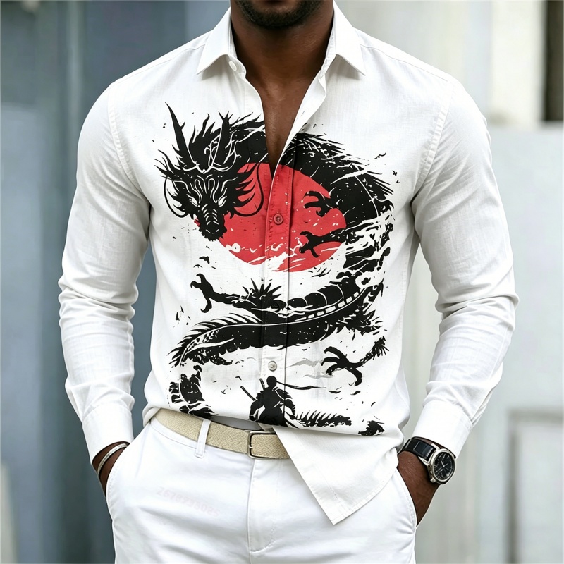 เสื้อเชิ้ตผู้ชายลายมังกรสีขาวด - Street Fashion In China บทวิจารณ์และราคา
